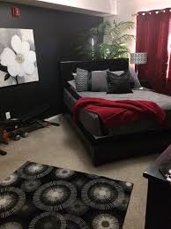 grey and red bedroom
