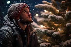 man in the snow looking at a christmas tree