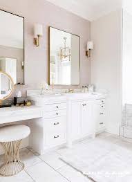 gray bathroom with makeup vanity
