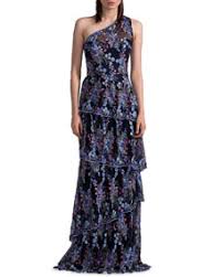 David Meister One Shoulder Floral Embroidered Tiered Evening Gown