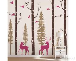 birch tree pine tree with birds and