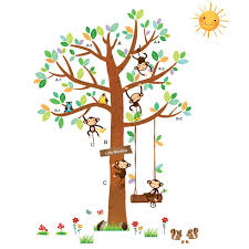 April Little Monkeys Tree Bird Height Chart Peel And Stick Nursery Kids Wall Decals Stickers Big Tree