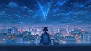 anime alone cat night sky stars