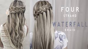 Next cross the far right strip under the center left strip and over the far left strip. Four 4 Strand Waterfall Braid Prom And Wedding Hairstyle Diy Tutorial Youtube