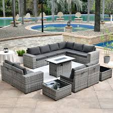Tahoe Grey 13 Piece Wicker Wide Arm Outdoor Patio Conversation Sofa Set With A Fire Pit And Black Cushions