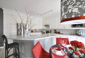 Fully assembled, brand new gray kitchen island with white carrara quartz countertop. White And Red Kitchen Contemporary Kitchen Meredith Heron Design