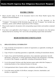 Home Health Agency Due Diligence Document Request