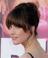 In the picture below, we see nice hairstyle which. Rose Byrne Long Straight Dark Brunette Updo With Blunt Cut Bangs