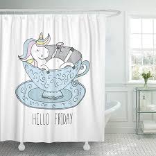 Ksadk Blue Fun Hello Friday Cute Unicorn Takes Bath In Porcelain Cup Templates Animal Shower Curtain 66x72 Inch