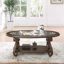 J E Home 52 5 In Dark Brown Glass Table Top Coffee Table With Powder Coat Finish Metal Legs