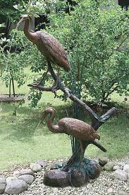 Grand Heron Pair Statue Brass Patina