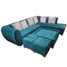 7 seater wooden blue l shape sofa set