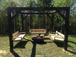 Octagon with swing seating surrounding fire pit with images. Fire Pit Swings Ana White
