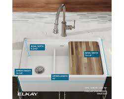 A standard toe kick is 3 deep and 3 1 2 4 tall. Elkay Fireclay 33 X 19 15 16 X 9 3 16 60 40 Double Bowl Farmhouse Workstation Sink With Aqua Divide White