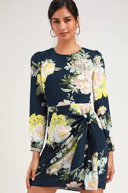 Rice Navy Blue Floral Print Tie Front Long Sleeve Dress