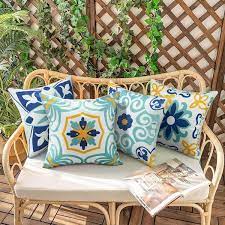 Outdoor Waterproof Throw Pillow Covers Set Of 4 Fl Printed And Boho Farmhouse Outdoor Pillow Covers For Patio Funiture Garden 18x18 Inch Blue