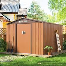 Jaxpety 9 1 Ft W X 10 5 Ft D Coffee Garden Outdoor Storage Shed Building Galvanized Steel Shed With Sliding Door 94 Sq Ft Brown
