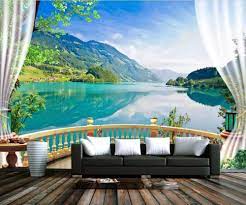 Wallpaper 3D Forest Balcony Lake Blue ...