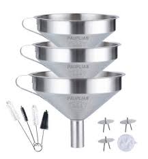 We find 76 products about. Pauplian Stainless Steel Funnels For Kitchen Food Grade Kitchen Metal Funnel For Liquid Spice Powder Oils 4 5 6inch Cooking Funnels Set Of 3 With 4pcs Strainer Filter 4pcs Cleaning Brush 11in1