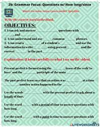 Present Perfect: Questions w-how long, for, and since worksheet