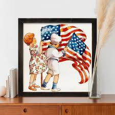 Rustic Framed Vintage Kids With Flags