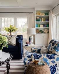 blue velvet sofa with gray end table