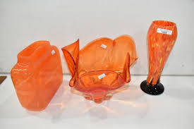 3 Vintage Orange Art Glass Vases