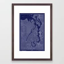 Puget Sound Washington State Nautical Chart Map Print 1956 Dark Blue Map Art Prints Framed Art Print