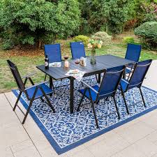 Phi Villa 7 Piece Metal Patio Outdoor Dining Set With Rectangle Extensible Table And Blue Reclining Folding Sling Chair