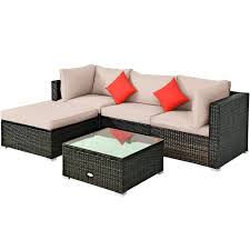 rattan 5 piece outdoor sectional patio set with beige cushions