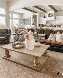 farmhouse living rooms with brown couches