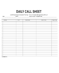 Daily Call Sheet Template Log Phone Sales Sheets