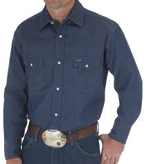 Mens Cowboy Cut Western Work Rigid Denim Long Sleeve Shirt
