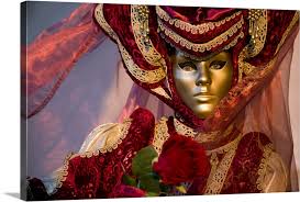 Woman In Masquerade Masks During Carnival Venice Italy Large Solid Faced Canvas Wall Art Print Great Big Canvas