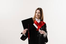 happy student in black graduation gown