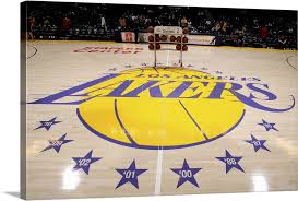 Staple center, lakers stadium, los angeles downtown. The Los Angeles Lakers Logo Is Shown At Mid Court Wall Art Canvas Prints Framed Prints Wall Peels Great Big Canvas