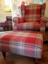 The armchair sits on wood spindle legs. Red Check Armchair Footstool Furniture Comfortable Living Rooms Plaid Chair