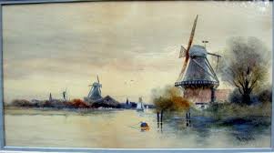 marine watercolor with windmills by g l