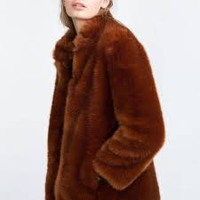 Zara Brown Burnt Orange Faux Fur Coat
