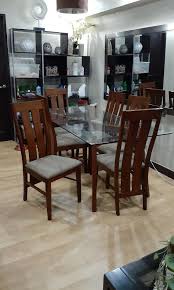 6 seater glass and wood dining table