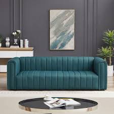 Gleason Upholstered Mid Century Leather Sofa Couch In Blue Cym02046