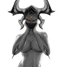 1girls black sclera breasts cleavage covered mouth covering  breasts demon demon girl demon horns female hellsinger horns large breasts  looking at viewer mask metal: hellsinger mo-haniibanchi monochrome mouth  mask