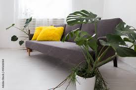 interior gray sofa with yellow pillows