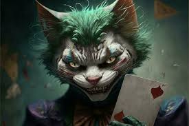 evil cat joker with yellow eyes smiles