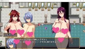 takeda hiromitsu, bakunyuu party, 3girls, bathhouse, blue eyes, blue hair,  blush, breasts, censored, hand on own chest, hand on own hip, huge breasts,  japanese text, long hair, multiple girls, nude, pixel art,