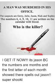Click the start timer on the top right before you begin. A Man Was Murdered In His Office The Suspects Are Gerry Julie Jason Nick And Sophie The Numbers 11 Written On The Calendar With Blood Who Is The Killer I Get It