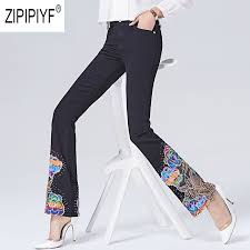 Us 166 33 Unique Design Women Long Denim Pants Embroidery Lace Patchwork Beading Boot Cut Jeans Vintage Black Plus Size Long Jeans Z1443 In Jeans
