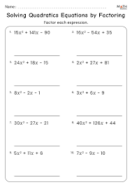 Math Worksheets Factoring Quadratics