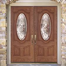 Feather River Doors 74 In X 81 625 In Lakewood Brass 3 4 Oval Lite Stained Medium Oak Right Hand Fiberglass Double Prehung Front Door Oak Woodgrain