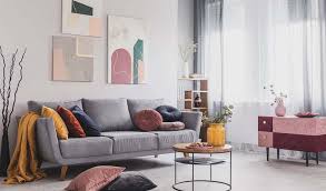 living room with a grey sofa